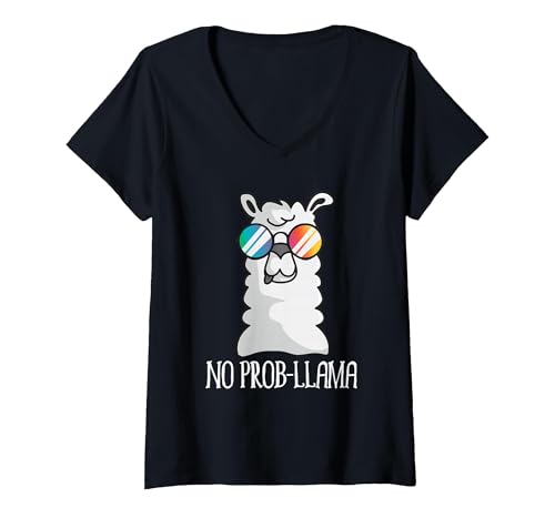 Llama Life Apparel Women's No Prob-Llama No Problem Cute Funny Cool Llama Alpaca V-Neck T-Shirt - size chart