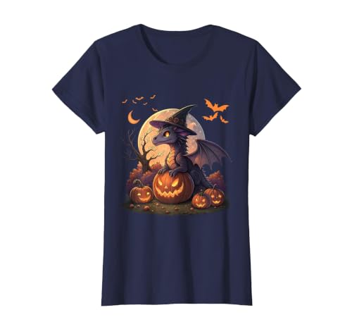 Halloween Dragons Fantasy Spooky Witchy Cute Halloween Dragon Witch Hat Pumpkin Moon Fantasy T-Shirt - size chart