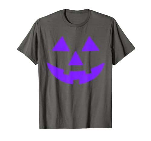 Trick or Treat Funny Halloween Costumes Party Tees Jack O Lantern Scary Carved Pumpkin Face Halloween Purple T-Shirt - size