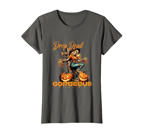 Evil Hot Wife Girlfriend Fiance Halloween Gift Tee Drop Dead Gorgeous Retro Vintage Pin-Up Scarecrow Halloween T-Shirt -