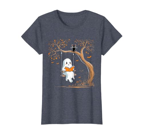 Halloween Ghost Swing Reading Vintage Ghost Swing Reading Book Swinging Halloween Costume T-Shirt - size chart