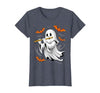 Ghost Halloween Lover Gift Co. Boo Ghost Playing Flute Halloween Musical Instrument T-Shirt - size chart