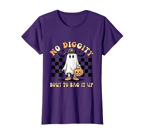 Halloween Pumkin Trick Or Treat Apparel No Diggity About to Bag It Up Trick Treat Candy Halloween T-Shirt - size chart