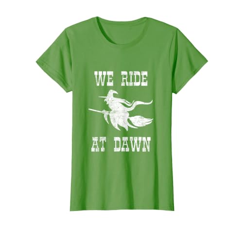Halloween Witch Broomstick Costume Shop We Ride At Dawn Spooky Witch Broomstick Halloween Costume T-Shirt - size chart