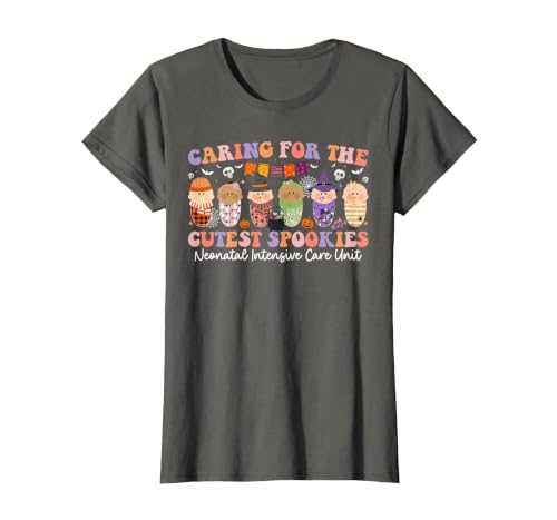 Halloween NICU Nurse Neonatal Intensive Care Caring for The Cutest Little Spookies NICU Nurse Halloween T-Shirt - size chart