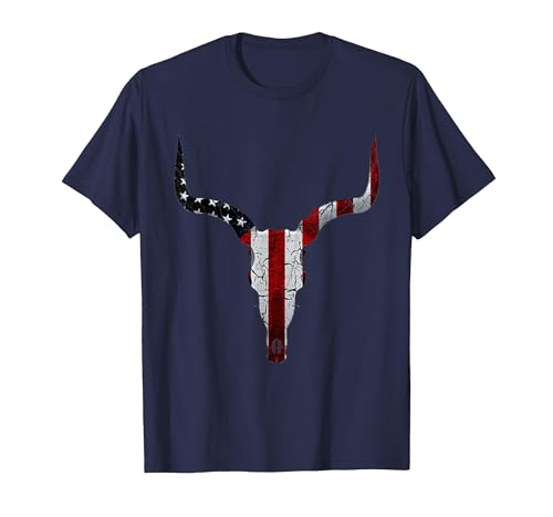 Cow skull USA Flag Bull Skull American Flag Cow Skull Western Graphic Wild West T-Shirt - size chart