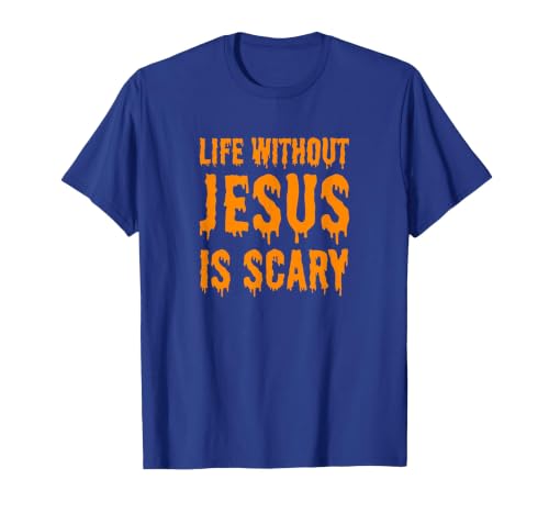 Life Without Jesus Is Scary Novelty Co. Life Without Jesus is Scary Halloween Christian Costume T-Shirt - size chart