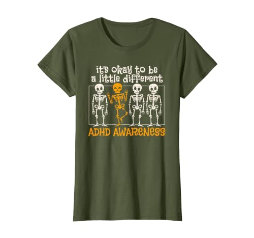 Orange Ribbon ADHD Awareness clothing Halloween Skeleton ADHD Awareness T-Shirt - size chart