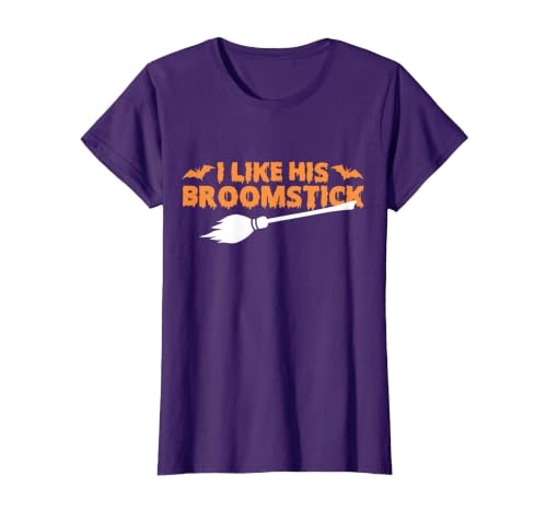 Funny Groovy Halloween Outfit I Like His Broomstick Halloween Funny Matching Couples T-Shirt - size chart