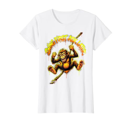 Mademark Swing First Ask Later Funny Monkey Design T-Shirt - Women - size chart
