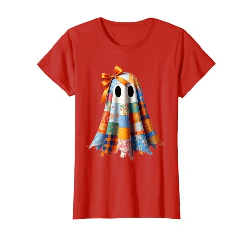 Patchwork Quilt Ghost Halloween Quilter Autumn Tee Patchwork Ghost Quilt Halloween Quilter Fall Autumn Bow Cute T-Shirt -