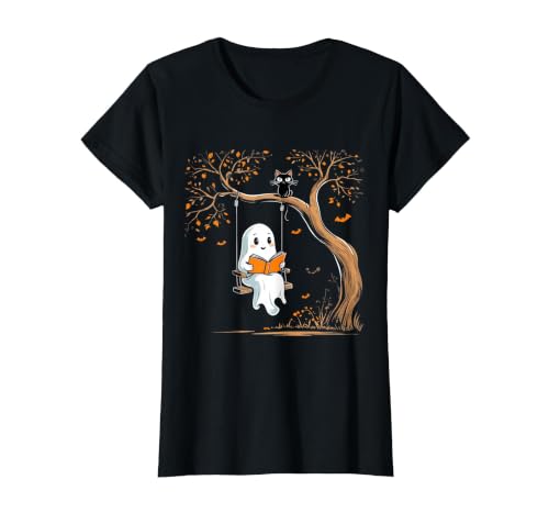 Halloween Ghost Swing Reading Vintage Ghost Swing Reading Book Swinging Halloween Costume T-Shirt - size chart