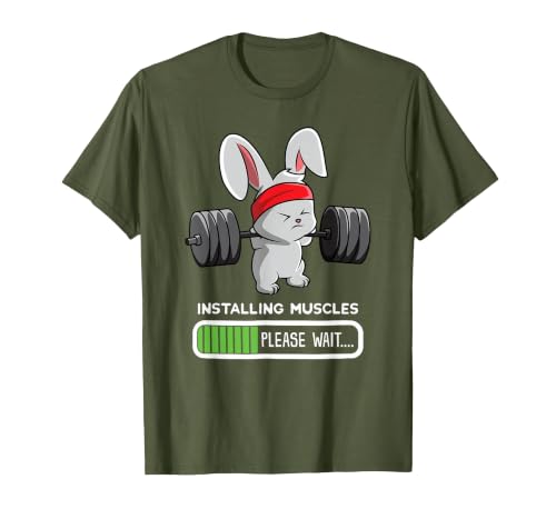 Bunny Gym Rabbit Weights Installing Muscles T-Shirt — design detail