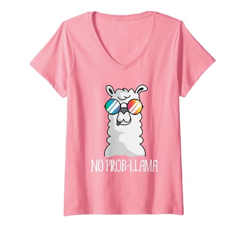 Llama Life Apparel Women's No Prob-Llama No Problem Cute Funny Cool Llama Alpaca V-Neck T-Shirt - size chart