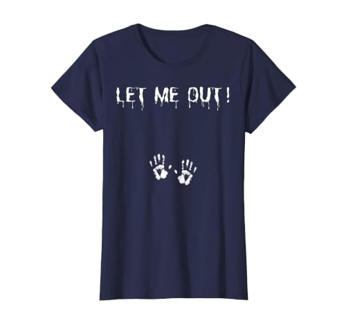 Spooky Halloween Costume Outfit Vintage Let Me Out Pregnancy Hand Print Pregnant Halloween T-Shirt - size chart