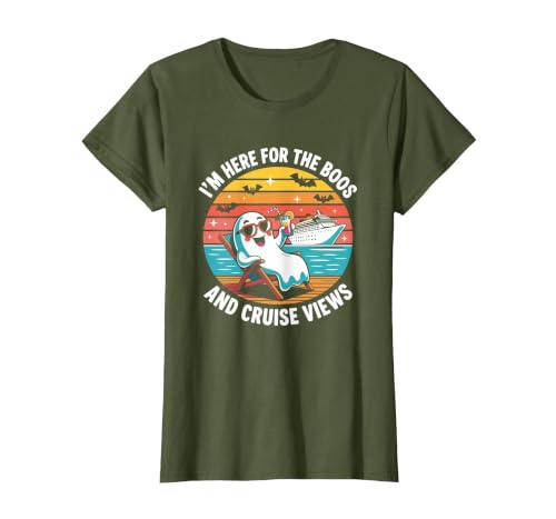 Boos Cruise Halloween Ghost Drinking Gifts Here for The Boos and Cruise Views Halloween Party T-Shirt - size chart