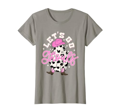 Let's Go Ghouls Cow Print Halloween Costumes Let's Go Ghouls Cowgirl Western Spooky Halloween Cute Retro T-Shirt - size chart
