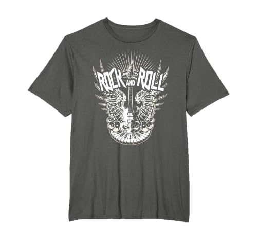 Rock and Roll Music Vintage Retro Gifts Vintage 80s Rock & Roll Music Electric Guitar Skeleton Wings T-Shirt - size chart