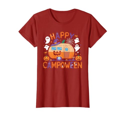 Spooky Camp-O-Ween Ghosts and Campfire Apparel Happy Camp-O-Ween Halloween Camping Ghosts and Campfires T-Shirt - size chart