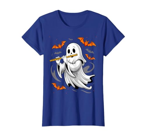 Ghost Halloween Lover Gift Co. Boo Ghost Playing Flute Halloween Musical Instrument T-Shirt - size chart