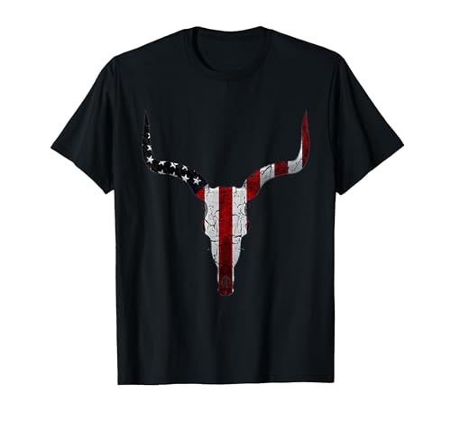 Cow skull USA Flag Bull Skull American Flag Cow Skull Western Graphic Wild West T-Shirt - size chart