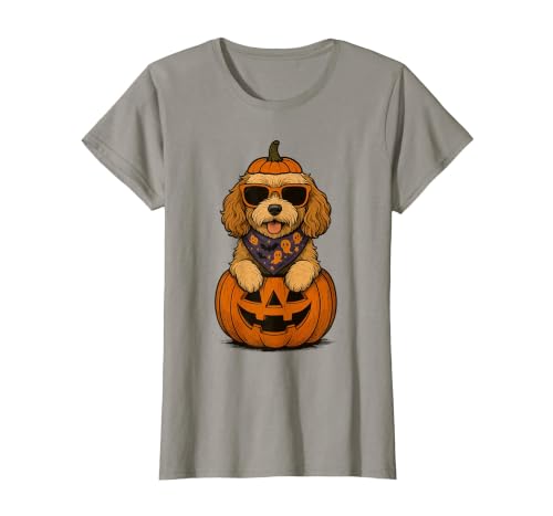 Funny Retro Maltipoo mom Halloween Spooky Cavapoo Pumpkin Halloween Doodle Dog Lover T-Shirt - size chart