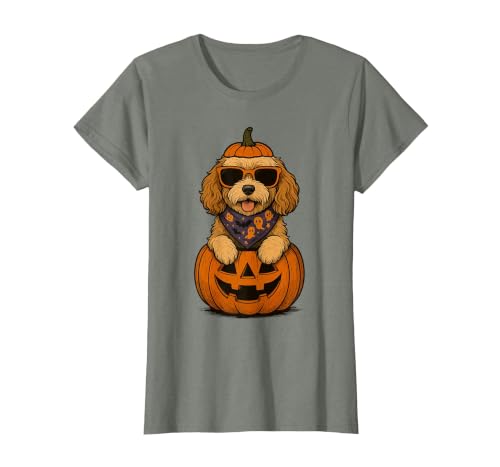 Funny Retro Maltipoo mom Halloween Spooky Cavapoo Pumpkin Halloween Doodle Dog Lover T-Shirt - size chart
