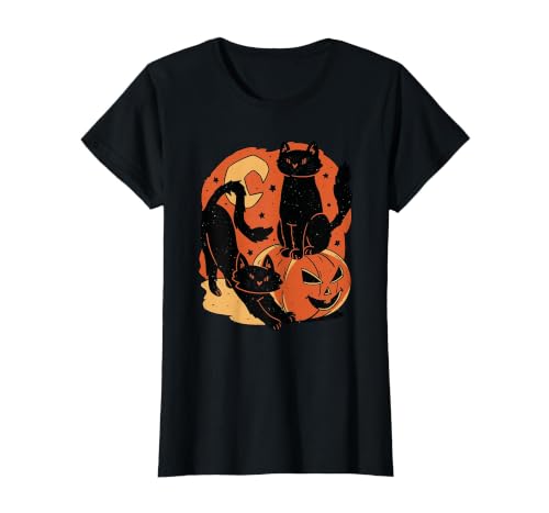 Halloween scary black cat Vintage Scary Halloween Black Cats and Pumpkin T-Shirt - size chart