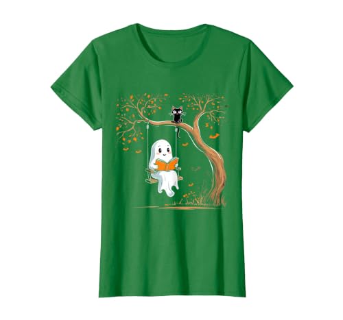 Halloween Ghost Swing Reading Vintage Ghost Swing Reading Book Swinging Halloween Costume T-Shirt - size chart