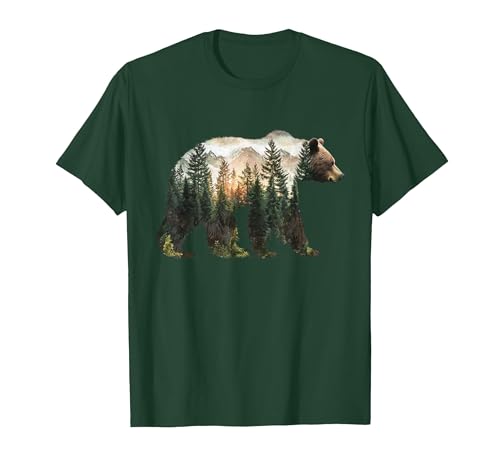Bear Designs. Bear Forest Mountains Trees Nature Sunset Outdoor Graphic T-Shirt - size chart