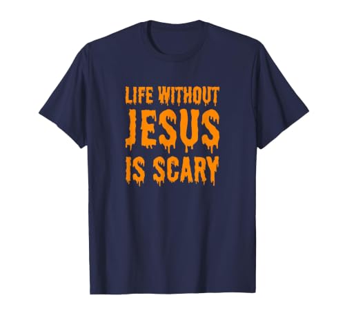 Life Without Jesus Is Scary Novelty Co. Life Without Jesus is Scary Halloween Christian Costume T-Shirt - size chart