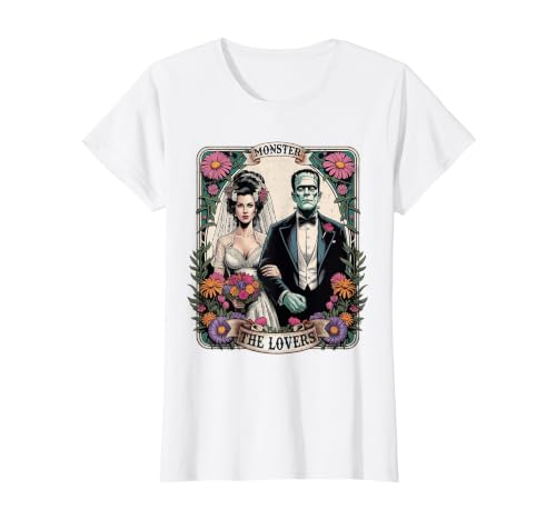 The Lovers Tarot Card Spooky Halloween Women Men The Monster Frankenstein and Bride The Lovers Tarot Card T-Shirt - size