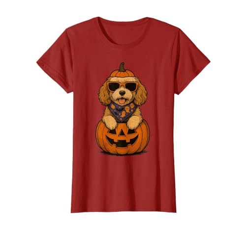 Funny Retro Maltipoo mom Halloween Spooky Cavapoo Pumpkin Halloween Doodle Dog Lover T-Shirt - size chart