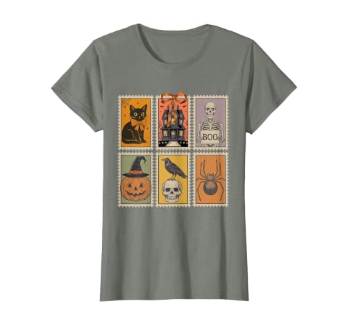 Halloween Stamp Cute Ghost Cute Fall Apparel Vintage Halloween Stamp Cute Ghost Pumpkin Cat Retro Fall T-Shirt - size chart