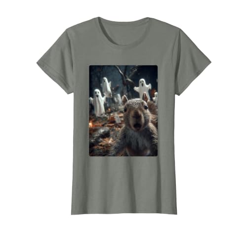 Funny Halloween Animals Selfies Clothing Funny Squirrel Selfie with Ghosts Haunted Forest Halloween T-Shirt - size chart