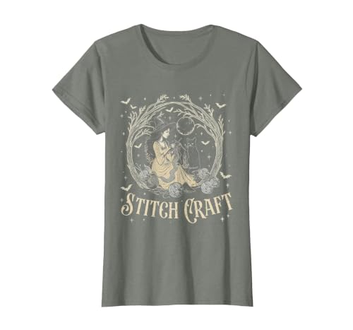 Witch Black Cat Halloween Witches Crochet Womens Stitch Craft Salem Witch Halloween Cat Witch Girls Trip T-Shirt - size chart
