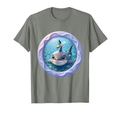 Top-Down Shark Beneath Surfer Silhouette Graphic T-Shirt