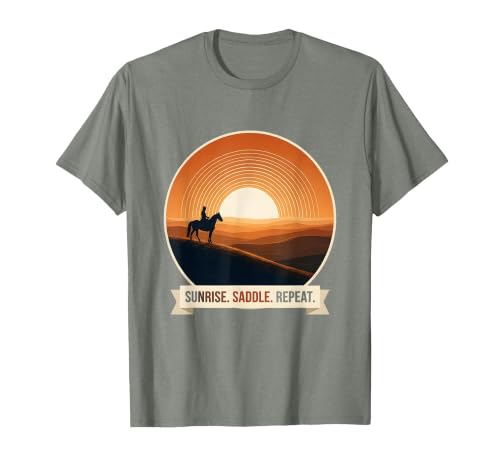 Mademark Sunrise Saddle Repeat Horse Rider Silhouette Design T-Shirt - Men - size chart