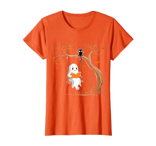 Halloween Ghost Swing Reading Vintage Ghost Swing Reading Book Swinging Halloween Costume T-Shirt - size chart