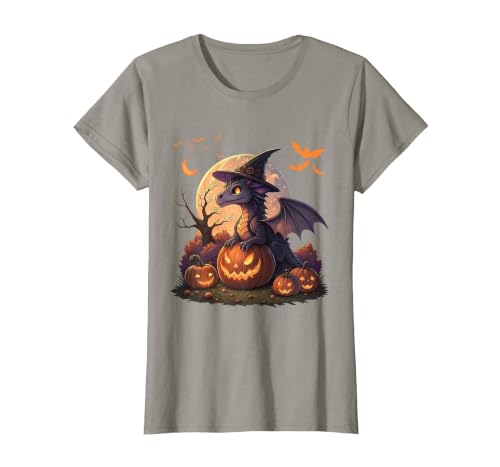 Halloween Dragons Fantasy Spooky Witchy Cute Halloween Dragon Witch Hat Pumpkin Moon Fantasy T-Shirt - size chart