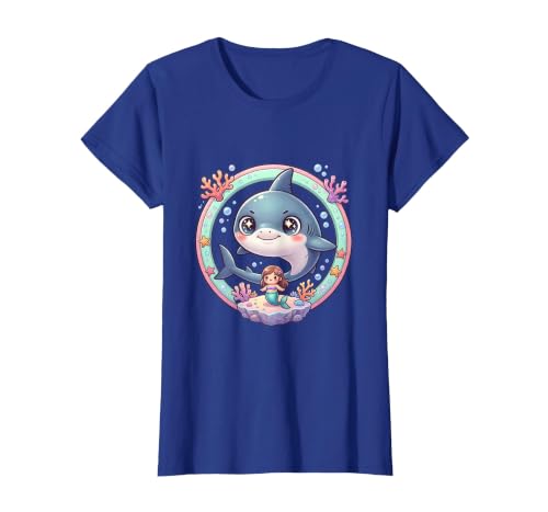 Mademark Shark Circling Woman on Reef Illustration T-Shirt - size chart