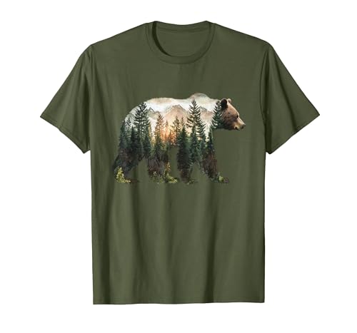 Bear Designs. Bear Forest Mountains Trees Nature Sunset Outdoor Graphic T-Shirt - size chart