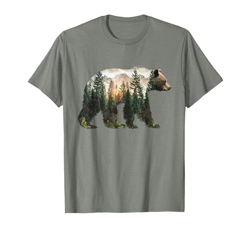 Bear Designs. Bear Forest Mountains Trees Nature Sunset Outdoor Graphic T-Shirt - size chart