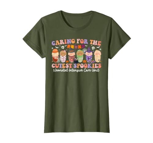 Halloween NICU Nurse Neonatal Intensive Care Caring for The Cutest Little Spookies NICU Nurse Halloween T-Shirt - size chart