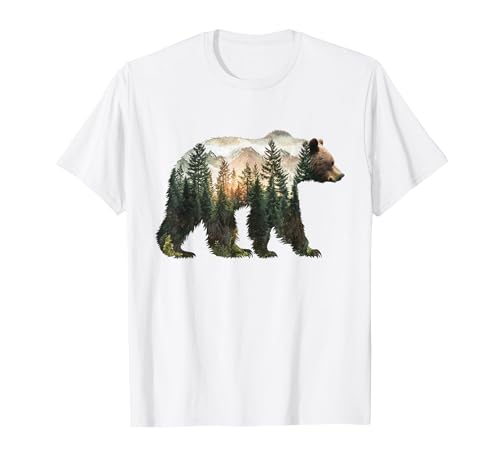 Bear Designs. Bear Forest Mountains Trees Nature Sunset Outdoor Graphic T-Shirt - size chart