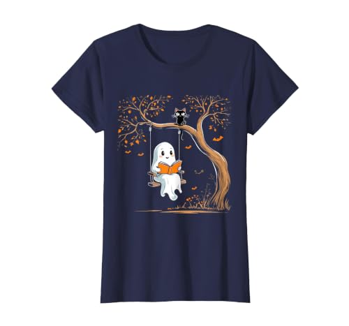 Halloween Ghost Swing Reading Vintage Ghost Swing Reading Book Swinging Halloween Costume T-Shirt - size chart