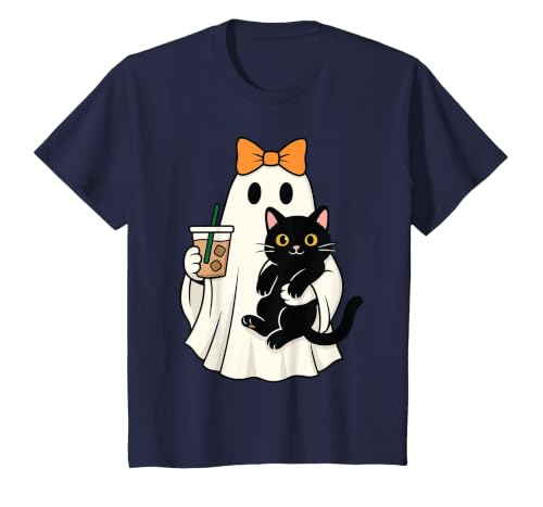 halloween iced coffee costume Cat Women Girls Cute Halloween Cat Ghost Drinking Coffee Ghost Women Girls T-Shirt - size chart