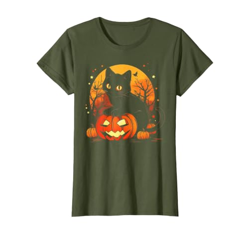 Black Cat Halloween Pumpkin Gifts Retro Black Cat Halloween Pumpkin Costume for Women Men Kids T-Shirt - size chart