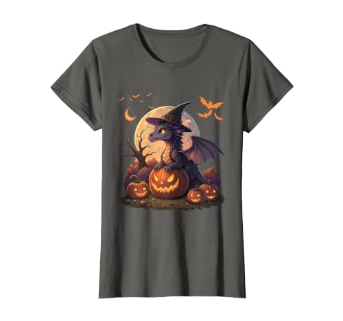 Halloween Dragons Fantasy Spooky Witchy Cute Halloween Dragon Witch Hat Pumpkin Moon Fantasy T-Shirt - size chart