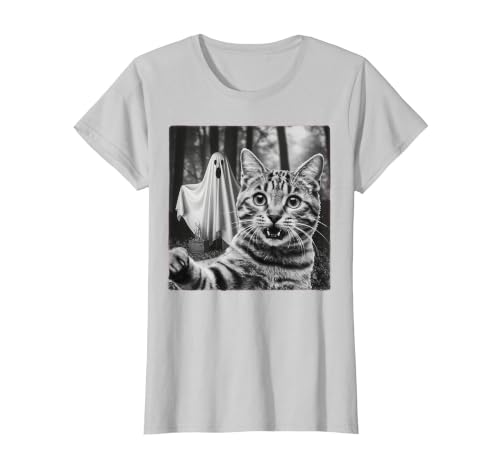 Halloween Cat Selfie with Spooky Ghost t -shir t Halloween Cat Selfie with Spooky Ghost T-Shirt - size chart